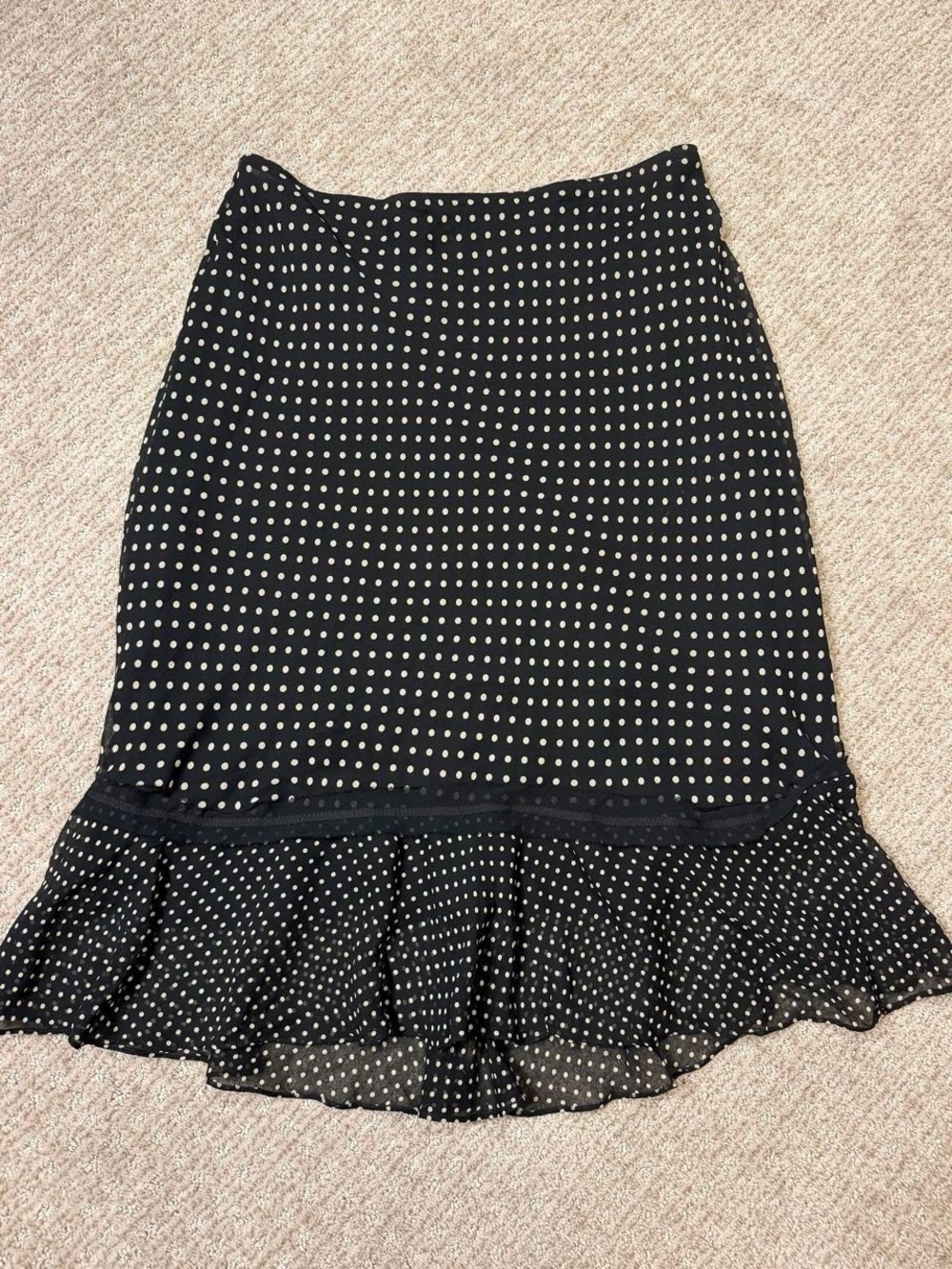 Context Silk Black and White Polka Dot Midi Skirt with Ruffle Hem